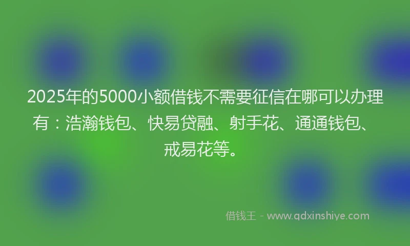 2025年的5000小额借钱不需要征信在哪可以办理有：浩瀚钱包、快易贷融、射手花、通通钱包、戒易花等。