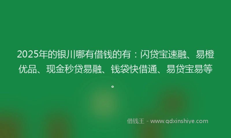 2025年的银川哪有借钱的有：闪贷宝速融、易橙优品、现金秒贷易融、钱袋快借通、易贷宝易等。