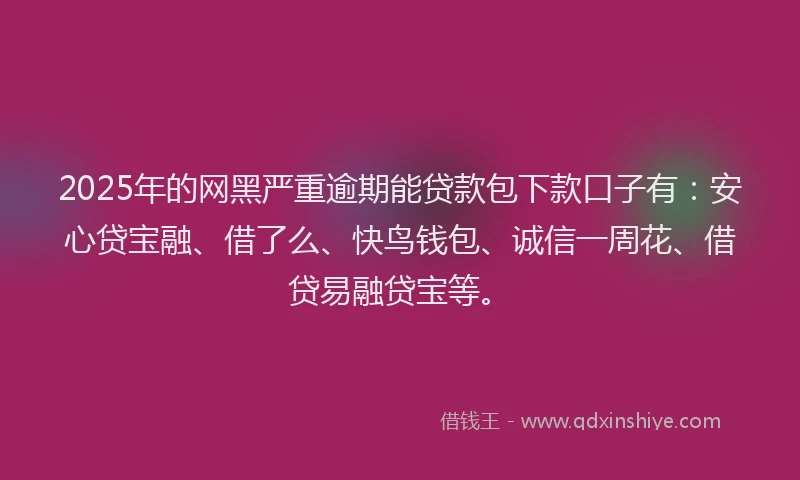 2025年的网黑严重逾期能贷款包下款口子有：安心贷宝融、借了么、快鸟钱包、诚信一周花、借贷易融贷宝等。