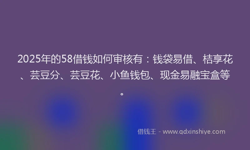 2025年的58借钱如何审核有：钱袋易借、桔享花、芸豆分、芸豆花、小鱼钱包、现金易融宝盒等。