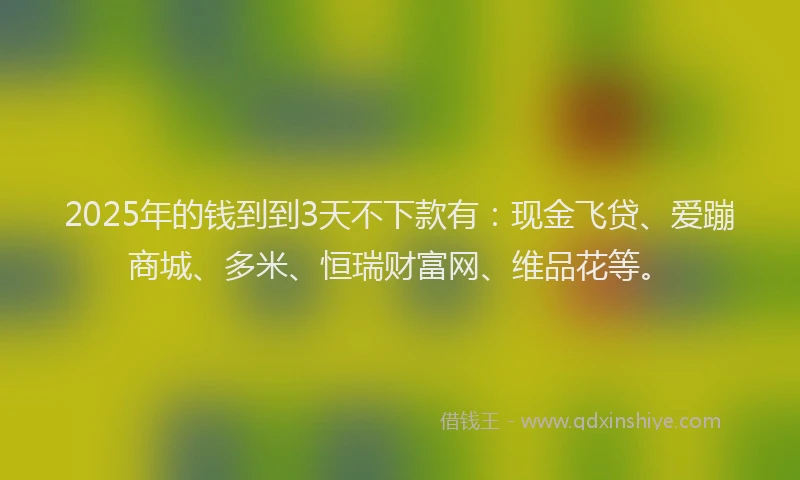 2025年的钱到到3天不下款有：现金飞贷、爱蹦商城、多米、恒瑞财富网、维品花等。