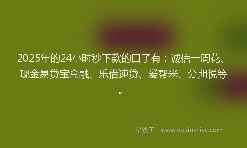 2025年的24小时秒下款的口子有：诚信一周花、现金易贷宝盒融、乐借速贷、爱帮米、分期悦等。