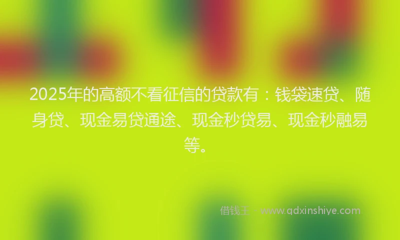 2025年的高额不看征信的贷款有：钱袋速贷、随身贷、现金易贷通途、现金秒贷易、现金秒融易等。