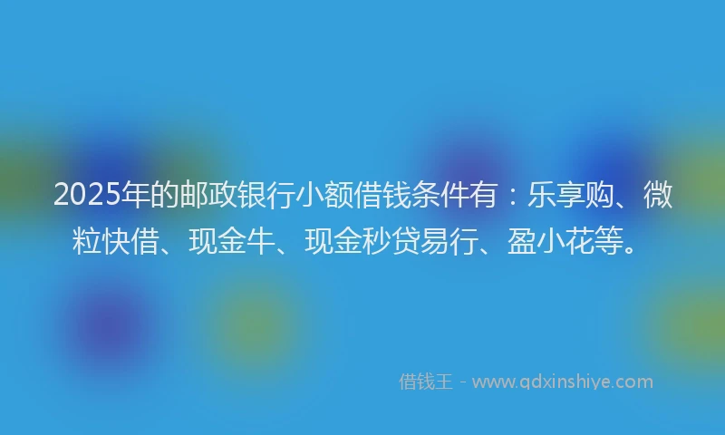 2025年的邮政银行小额借钱条件有：乐享购、微粒快借、现金牛、现金秒贷易行、盈小花等。