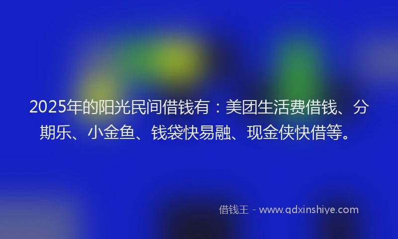 2025年的阳光民间借钱有:美团生活费借钱、分期乐、小金鱼、钱袋快易融、现金侠快借等。