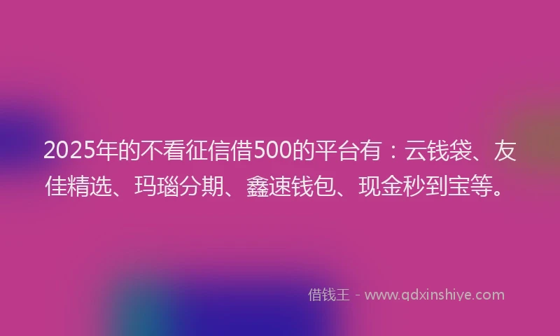 2025年的不看征信借500的平台有：云钱袋、友佳精选、玛瑙分期、鑫速钱包、现金秒到宝等。