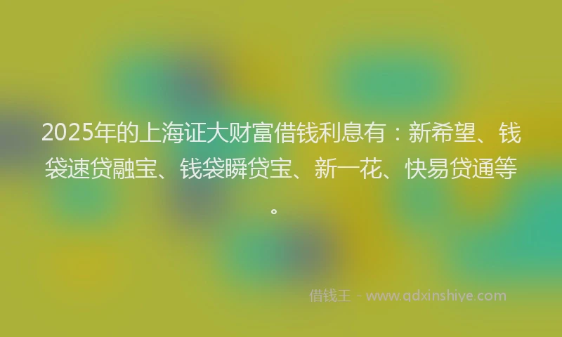 2025年的上海证大财富借钱利息有：新希望、钱袋速贷融宝、钱袋瞬贷宝、新一花、快易贷通等。