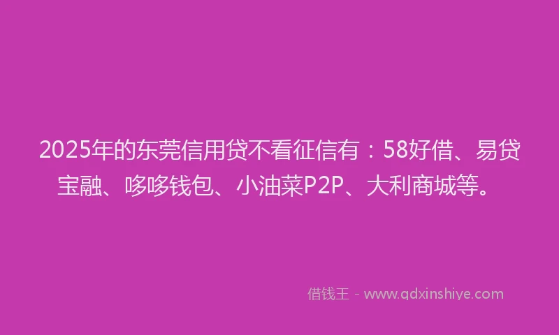 2025年的东莞信用贷不看征信有：58好借、易贷宝融、哆哆钱包、小油菜P2P、大利商城等。