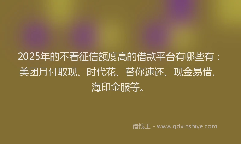 2025年的不看征信额度高的借款平台有哪些有：美团月付取现、时代花、替你速还、现金易借、海印金服等。