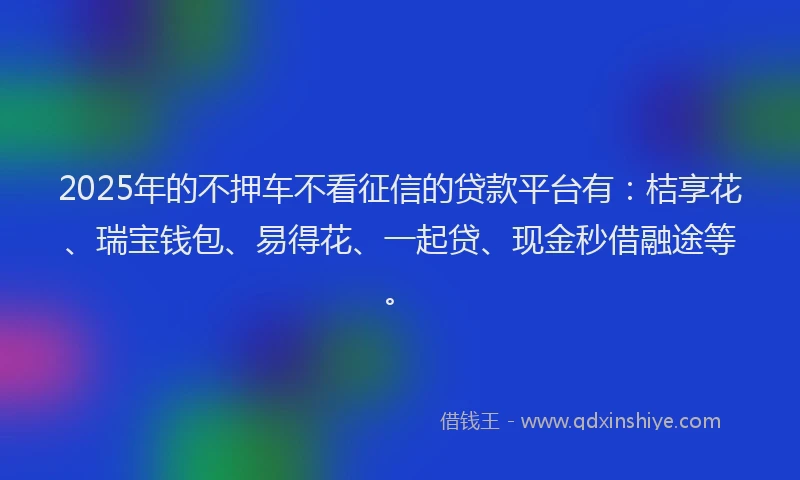 2025年的不押车不看征信的贷款平台有：桔享花、瑞宝钱包、易得花、一起贷、现金秒借融途等。