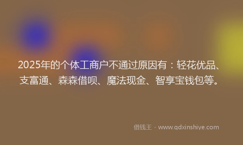2025年的个体工商户不通过原因有：轻花优品、支富通、森森借呗、魔法现金、智享宝钱包等。
