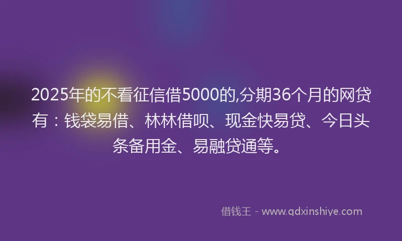 2025年的不看征信借5000的,分期36个月的网贷有：钱袋易借、林林借呗、现金快易贷、今日头条备用金、易融贷通等。