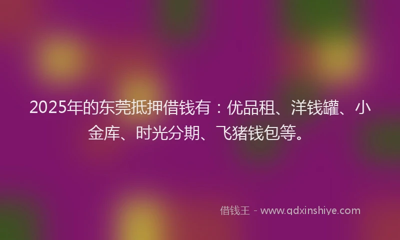2025年的东莞抵押借钱有：优品租、洋钱罐、小金库、时光分期、飞猪钱包等。