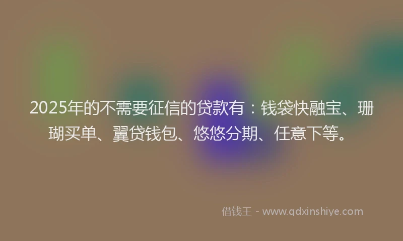 2025年的不需要征信的贷款有：钱袋快融宝、珊瑚买单、翼贷钱包、悠悠分期、任意下等。
