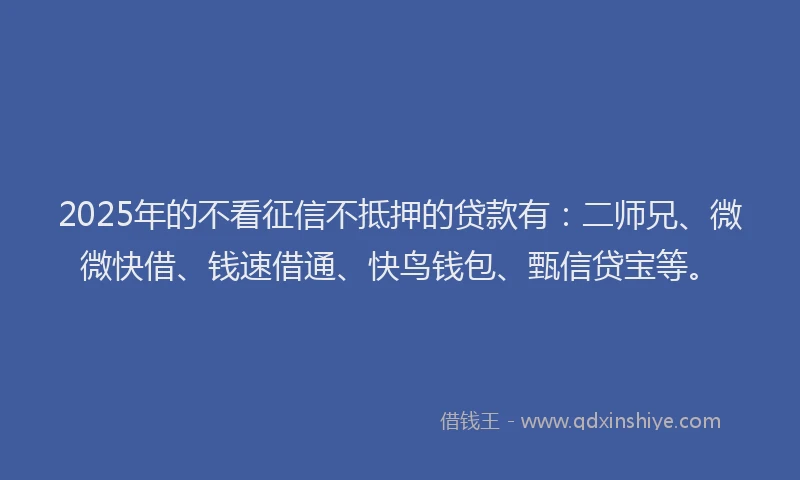 2025年的不看征信不抵押的贷款有：二师兄、微微快借、钱速借通、快鸟钱包、甄信贷宝等。