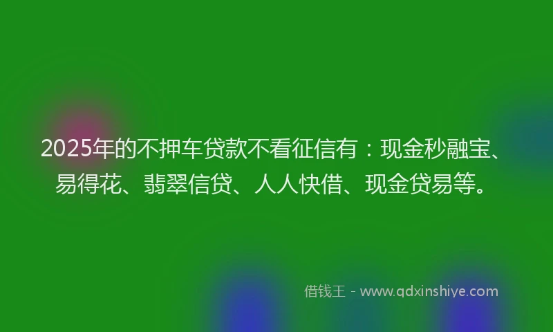 2025年的不押车贷款不看征信有：现金秒融宝、易得花、翡翠信贷、人人快借、现金贷易等。