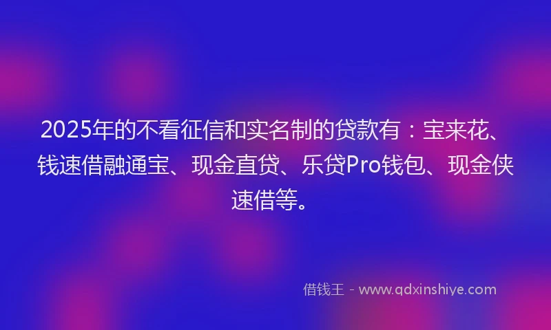 2025年的不看征信和实名制的贷款有：宝来花、钱速借融通宝、现金直贷、乐贷Pro钱包、现金侠速借等。