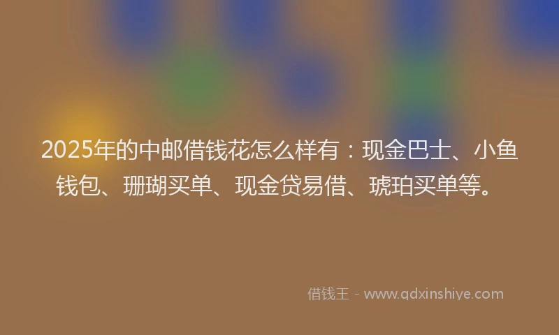 2025年的中邮借钱花怎么样有：现金巴士、小鱼钱包、珊瑚买单、现金贷易借、琥珀买单等。