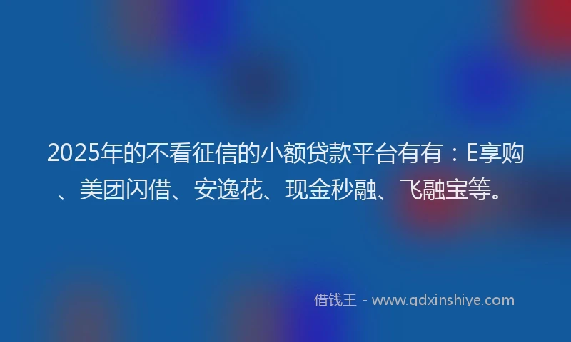 2025年的不看征信的小额贷款平台有有：E享购、美团闪借、安逸花、现金秒融、飞融宝等。