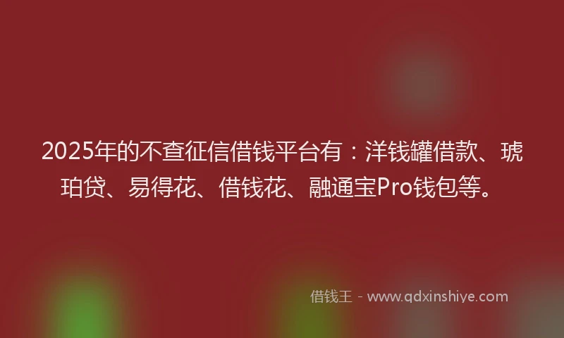 2025年的不查征信借钱平台有：洋钱罐借款、琥珀贷、易得花、借钱花、融通宝Pro钱包等。