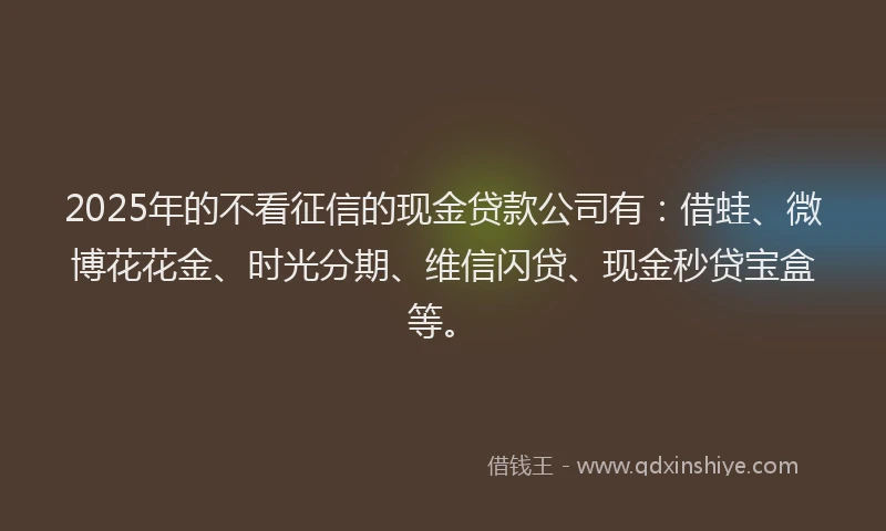 2025年的不看征信的现金贷款公司有：借蛙、微博花花金、时光分期、维信闪贷、现金秒贷宝盒等。
