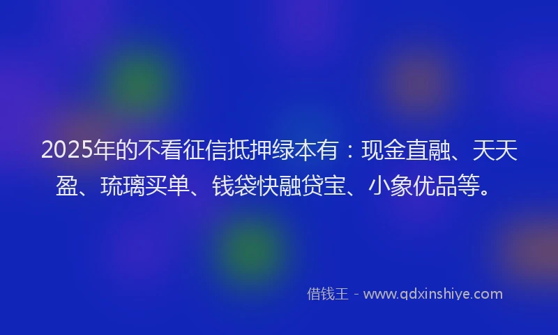 2025年的不看征信抵押绿本有：现金直融、天天盈、琉璃买单、钱袋快融贷宝、小象优品等。