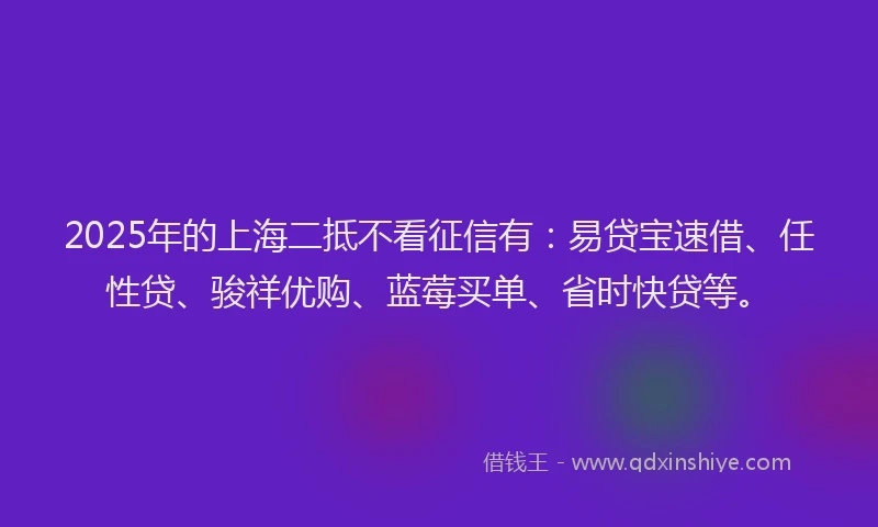 2025年的上海二抵不看征信有：易贷宝速借、任性贷、骏祥优购、蓝莓买单、省时快贷等。
