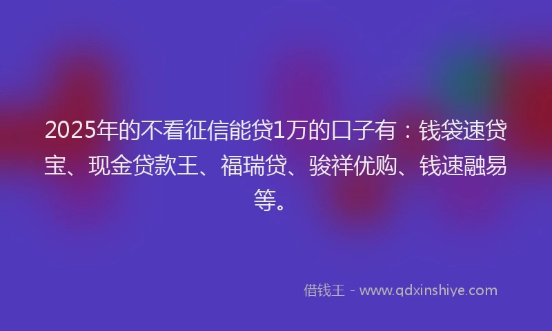 2025年的不看征信能贷1万的口子有：钱袋速贷宝、现金贷款王、福瑞贷、骏祥优购、钱速融易等。