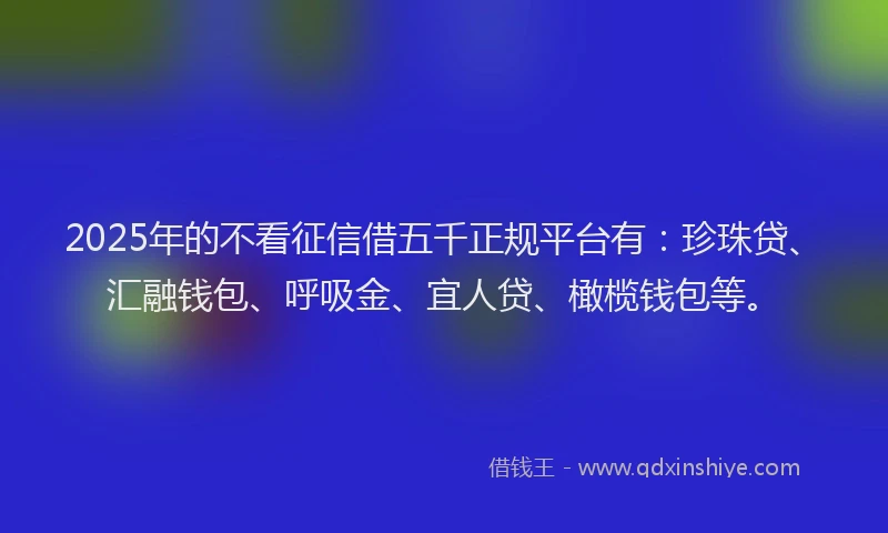 2025年的不看征信借五千正规平台有：珍珠贷、汇融钱包、呼吸金、宜人贷、橄榄钱包等。