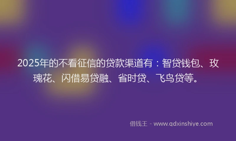 2025年的不看征信的贷款渠道有：智贷钱包、玫瑰花、闪借易贷融、省时贷、飞鸟贷等。