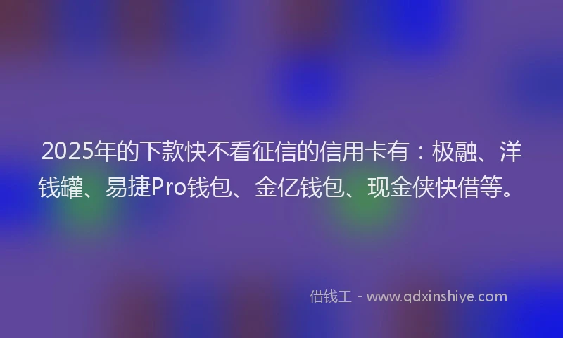 2025年的下款快不看征信的信用卡有：极融、洋钱罐、易捷Pro钱包、金亿钱包、现金侠快借等。