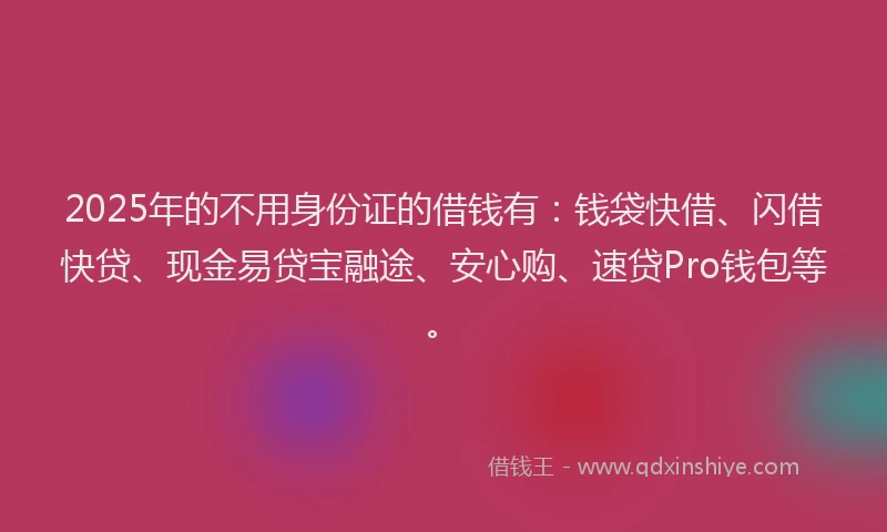 2025年的不用身份证的借钱有：钱袋快借、闪借快贷、现金易贷宝融途、安心购、速贷Pro钱包等。