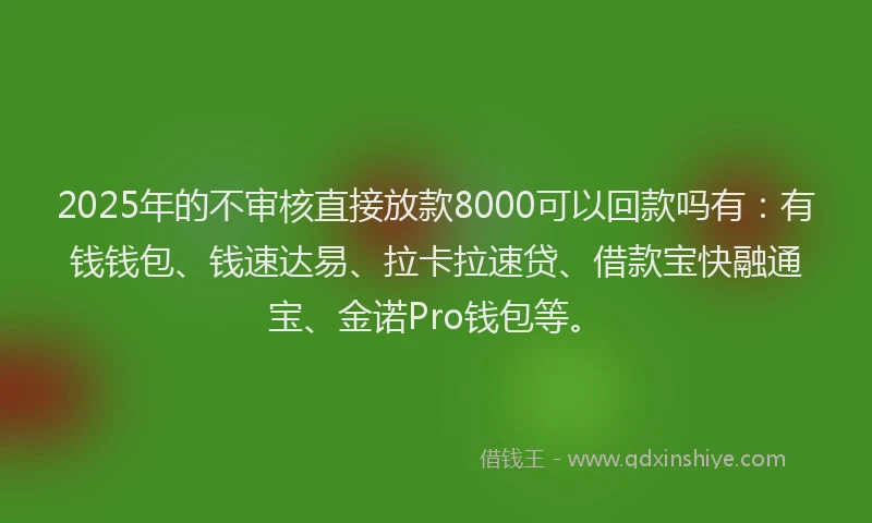 2025年的不审核直接放款8000可以回款吗有：有钱钱包、钱速达易、拉卡拉速贷、借款宝快融通宝、金诺Pro钱包等。