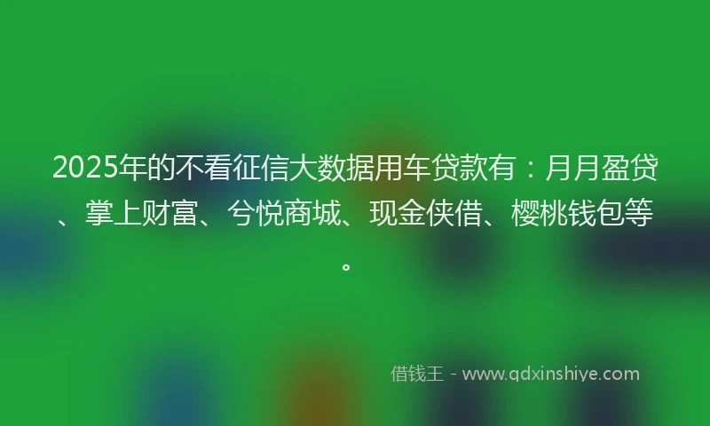 2025年的不看征信大数据用车贷款有：月月盈贷、掌上财富、兮悦商城、现金侠借、樱桃钱包等。