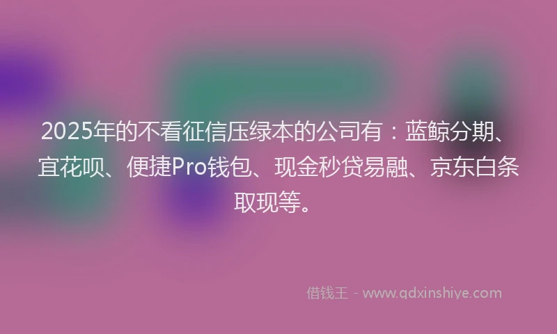 2025年的不看征信压绿本的公司有：蓝鲸分期、宜花呗、便捷Pro钱包、现金秒贷易融、京东白条取现等。