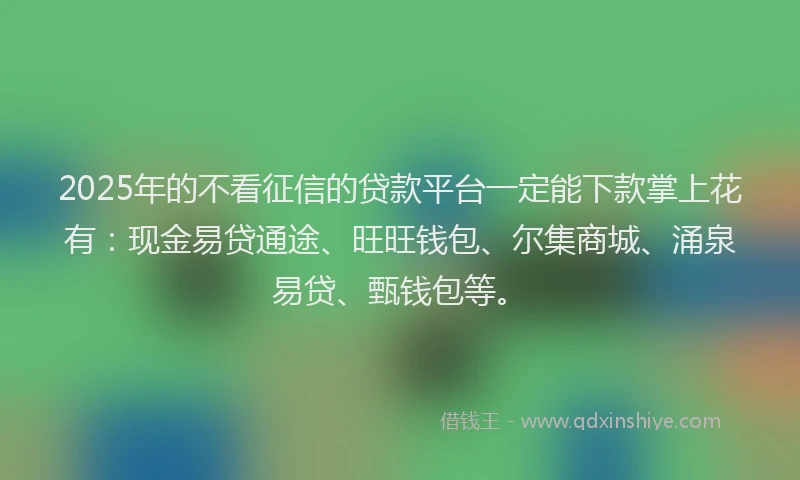 2025年的不看征信的贷款平台一定能下款掌上花有：现金易贷通途、旺旺钱包、尔集商城、涌泉易贷、甄钱包等。