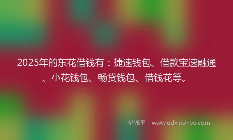 2025年的东花借钱有：捷速钱包、借款宝速融通、小花钱包、畅贷钱包、借钱花等。