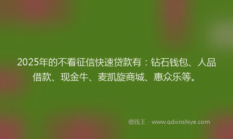 2025年的不看征信快速贷款有：钻石钱包、人品借款、现金牛、麦凯旋商城、惠众乐等。