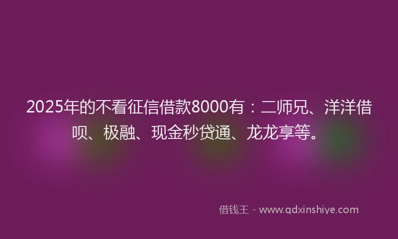 2025年的不看征信借款8000有：二师兄、洋洋借呗、极融、现金秒贷通、龙龙享等。
