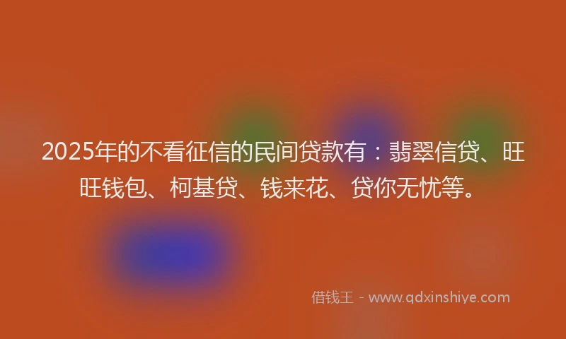 2025年的不看征信的民间贷款有：翡翠信贷、旺旺钱包、柯基贷、钱来花、贷你无忧等。