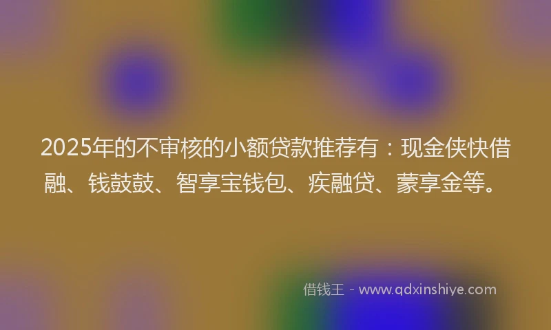 2025年的不审核的小额贷款推荐有：现金侠快借融、钱鼓鼓、智享宝钱包、疾融贷、蒙享金等。