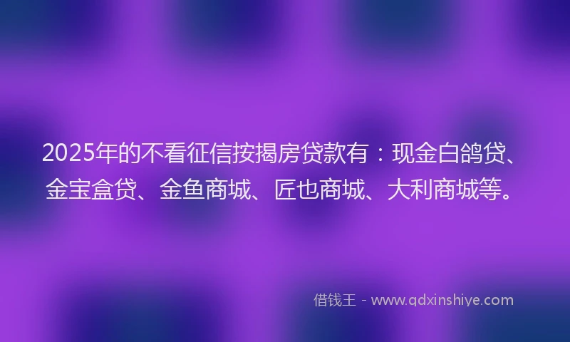 2025年的不看征信按揭房贷款有：现金白鸽贷、金宝盒贷、金鱼商城、匠也商城、大利商城等。
