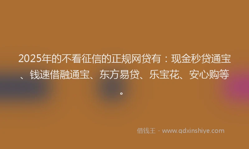 2025年的不看征信的正规网贷有：现金秒贷通宝、钱速借融通宝、东方易贷、乐宝花、安心购等。