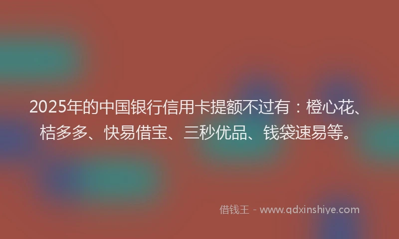 2025年的中国银行信用卡提额不过有：橙心花、桔多多、快易借宝、三秒优品、钱袋速易等。
