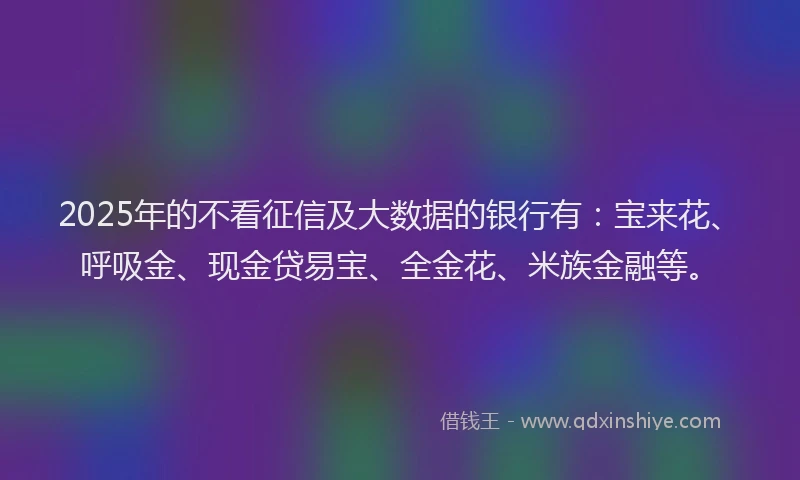 2025年的不看征信及大数据的银行有：宝来花、呼吸金、现金贷易宝、全金花、米族金融等。