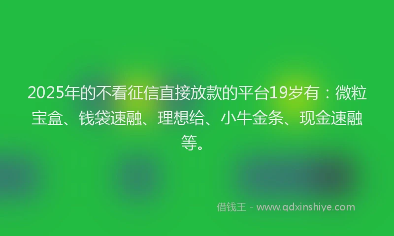 2025年的不看征信直接放款的平台19岁有：微粒宝盒、钱袋速融、理想给、小牛金条、现金速融等。