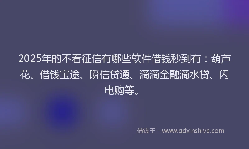 2025年的不看征信有哪些软件借钱秒到有：葫芦花、借钱宝途、瞬信贷通、滴滴金融滴水贷、闪电购等。