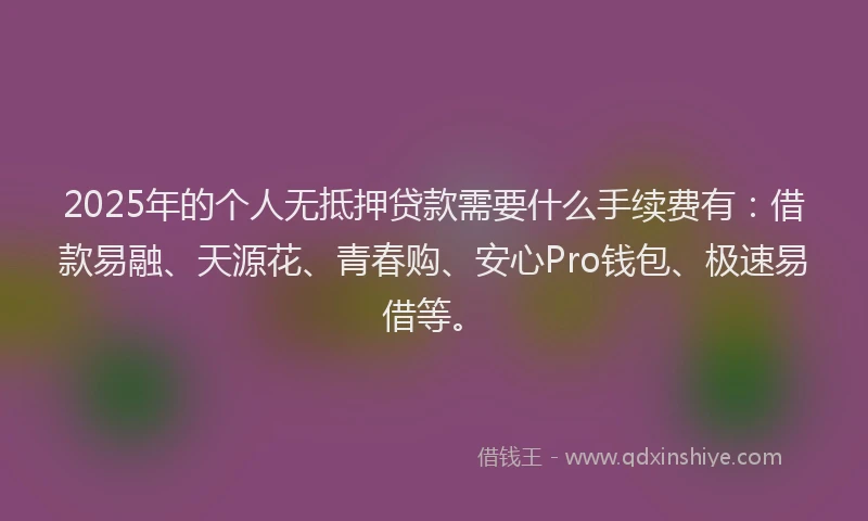 2025年的个人无抵押贷款需要什么手续费有：借款易融、天源花、青春购、安心Pro钱包、极速易借等。