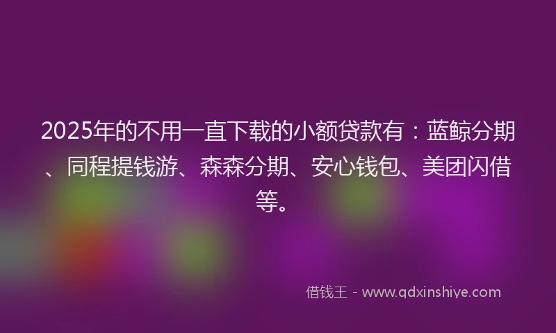 2025年的不用一直下载的小额贷款有：蓝鲸分期、同程提钱游、森森分期、安心钱包、美团闪借等。