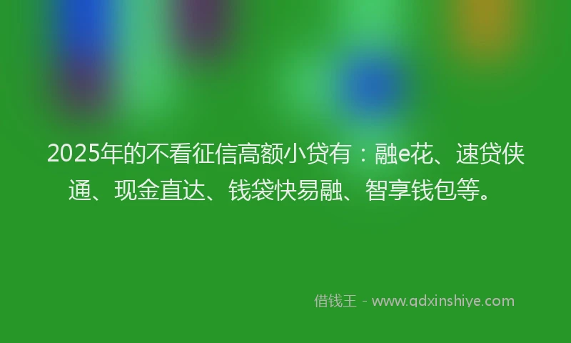 2025年的不看征信高额小贷有：融e花、速贷侠通、现金直达、钱袋快易融、智享钱包等。